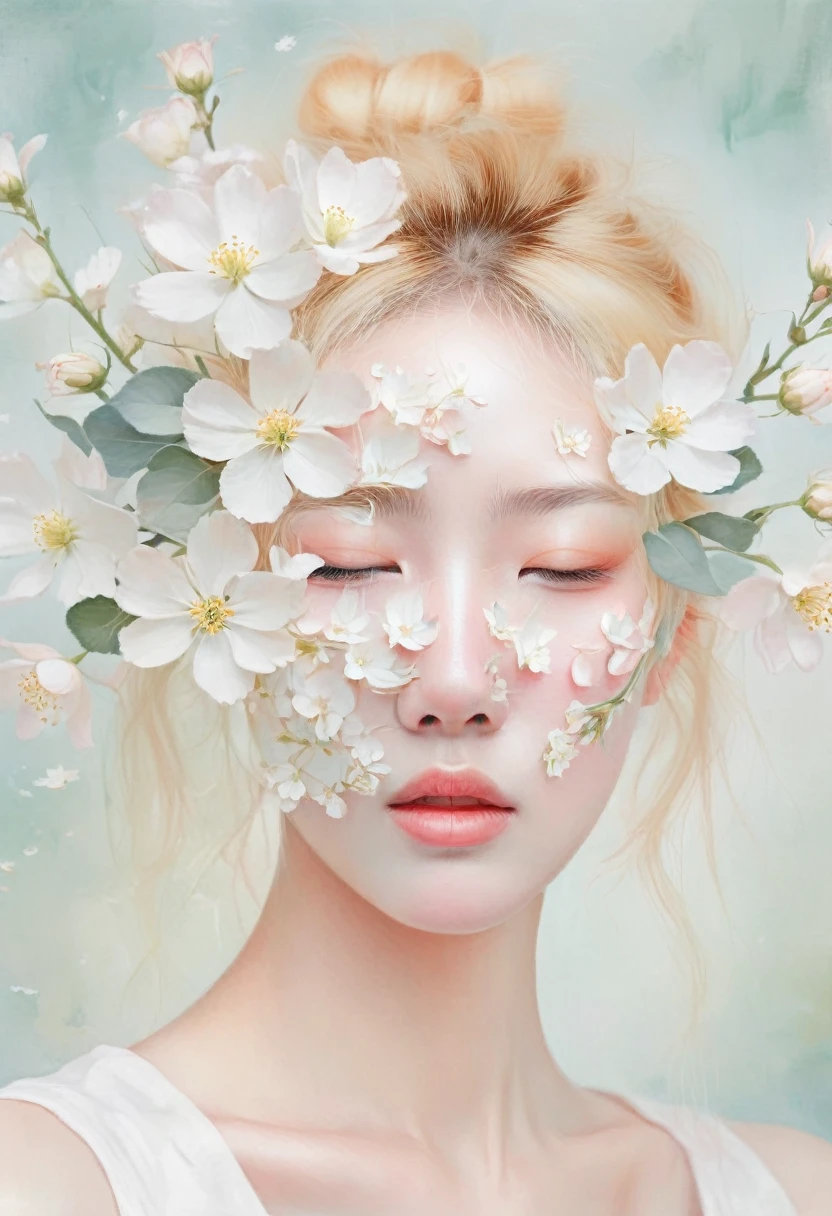 blond woman with white flowers covering her face and eyes, inspired by Hsiao-Ron Cheng, inspired by Yanjun Cheng, by Ayami Kojima, by Hsiao-Ron Cheng, by Yanjun Cheng, guweiz, artwork in the style of guweiz, by Eizan Kikukawa, pastel, james jean and wlop