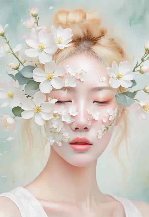 blond woman with white flowers covering her face and eyes, inspired by hsiao-ron cheng, inspired by yanjun cheng, by ayami kojim...