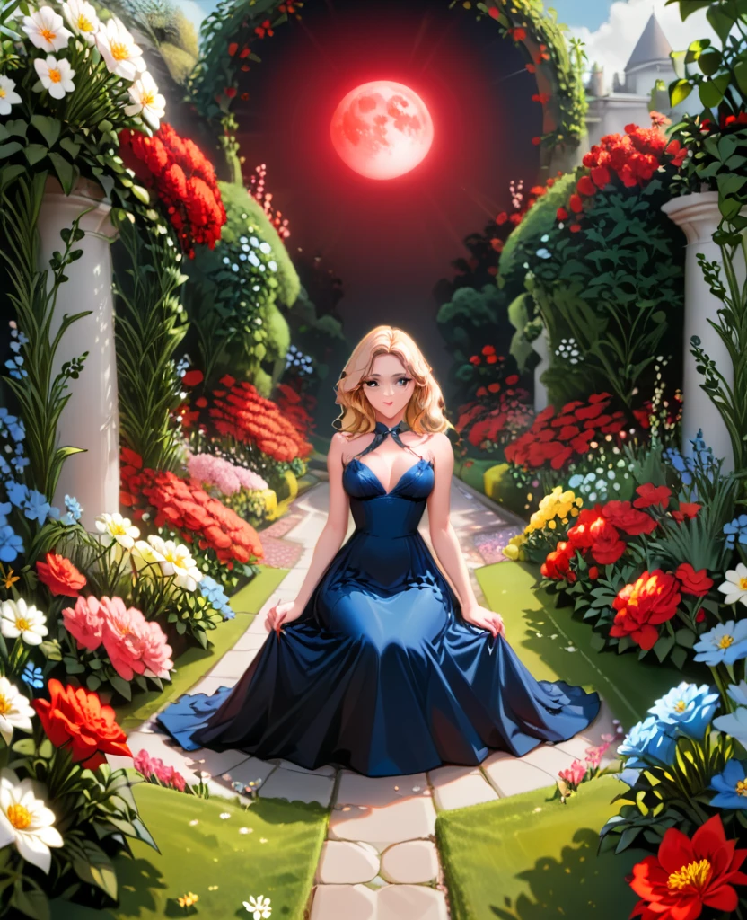 花園, (((((花朵發出藍光和紅光))))), 花園中間的小路, 倒塌的牆壁, 晚上, 滿月, 1 金髮女郎, 美麗的女孩坐在花上, 穿著黑色緊身連身裙