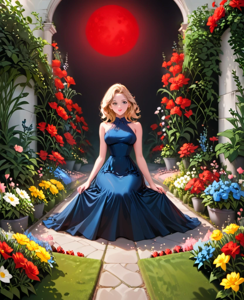 花園, (((((花朵發出藍光和紅光))))), 花園中間的小路, 倒塌的牆壁, 晚上, 滿月, 1 金髮女郎, 美麗的女孩坐在花上, 穿著黑色緊身連身裙