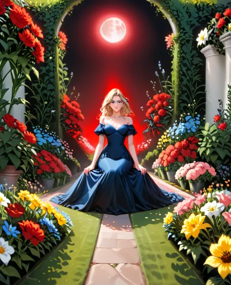 Garden, (((((Flowers emitting blue and red light))))), Path in the middle of the garden, Collapsed walls, nigth, Full Moon, 1 bl...