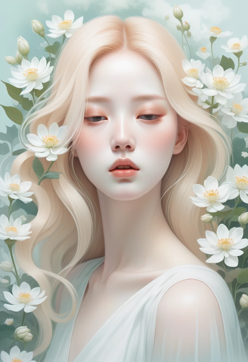 (mist:1.5)，Soft space，Soft tones，dream，Hazy and mysterious，大量mist和白色小花覆盖，Modern illustration elements。Tranquility、Pure atmosphere，blond woman with white flowers covering her face and eyes, inspired by Hsiao-Ron Cheng, inspired by Yanjun Cheng, by Ayami Kojima, by Hsiao-Ron Cheng, by Yanjun Cheng, Guweiz, artwork in the style of Guweiz, by Eizan It&#39;s a gift, cake, james jean and wlop