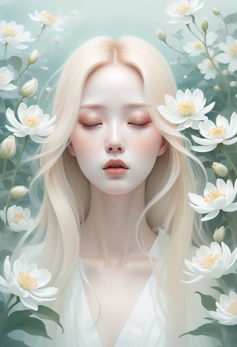 (mist:1.5)，Soft space，Soft tones，dream，Hazy and mysterious，大量mist和白色小花覆盖，Modern illustration elements。Tranquility、Pure atmosphere，blond woman with white flowers covering her face and eyes, inspired by Hsiao-Ron Cheng, inspired by Yanjun Cheng, by Ayami Kojima, by Hsiao-Ron Cheng, by Yanjun Cheng, Guweiz, artwork in the style of Guweiz, by Eizan It&#39;s a gift, cake, james jean and wlop