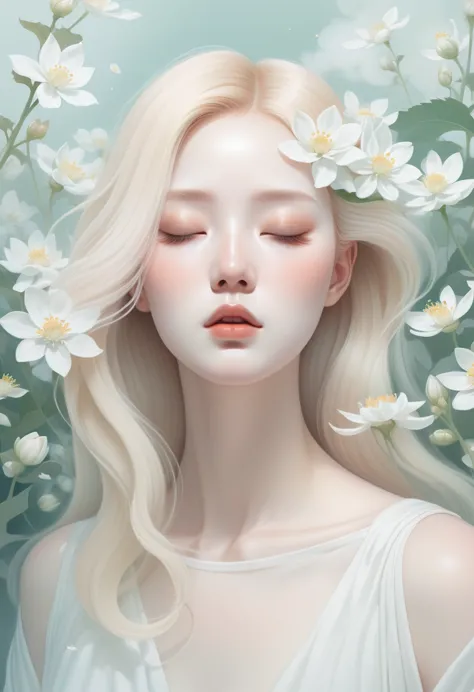 (mist:1.5)，soft space，soft tones，dream，hazy and mysterious，大量mist和白色小花覆盖，modern illustration elements。tranquility、pure atmospher...