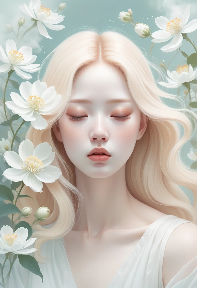 (mist:1.5)，Soft space，Soft tones，dream，Hazy and mysterious，大量mist和白色小花覆盖，Modern illustration elements。Tranquility、Pure atmosphere，blond woman with white flowers covering her face and eyes, inspired by Hsiao-Ron Cheng, inspired by Yanjun Cheng, by Ayami Kojima, by Hsiao-Ron Cheng, by Yanjun Cheng, Guweiz, artwork in the style of Guweiz, by Eizan It&#39;s a gift, cake, james jean and wlop