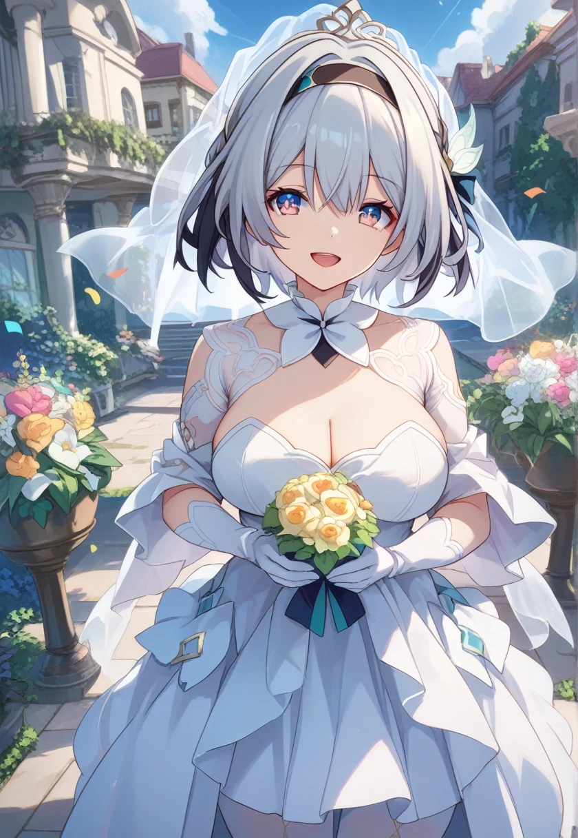 score_9, score_8_superior, score_7_superior, Wedding dress, White gloves, White Dress, garden, Are standing, Cowboy Shot, Holding a bouquet, smile, Open your mouth, Confetti, fire Fly \(Honkai: Star Rail\), hair ornaments,Black hair band, Larger breasts, Nice hands, Perfect hands,Short Hair,Short Hair、Silver Hair