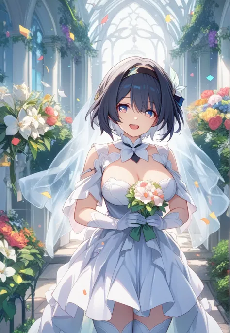 score_9, score_8_superior, score_7_superior, Wedding dress, White gloves, White Dress, garden, Are standing, Cowboy Shot, Holdin...