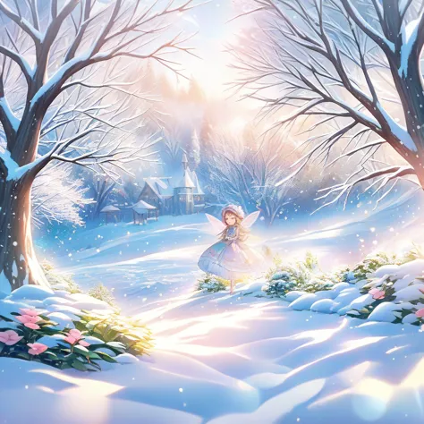 snow scene，snow，plant（（（romantic atmosphere）））（（（fairy tale elements）））（（（masterpiece）））， （（best quality））