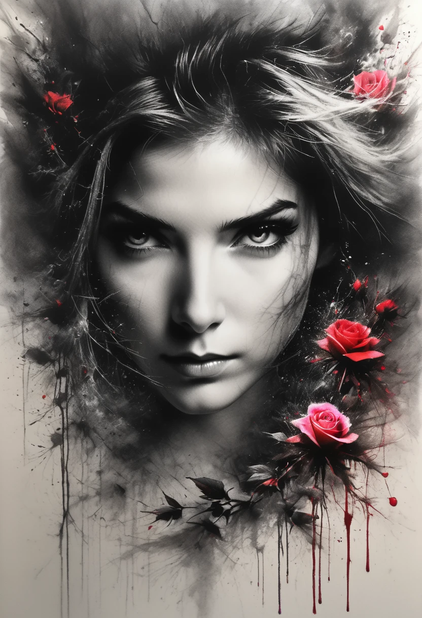 Charcoal drawing, pencil drawing, line drawing, graphite drawing, toned paper, masterpiece, bicolor, ink splatter, samirai girl, sakura rose\(flower\), red blood, Japanese ink, splash, intricate details, volumetric lighting, cinematic, detailed, realistic. Art by Antonio Mora, Andre Cohn, Arthur Bordalo, Bob Ringwood, Benedict Ban,