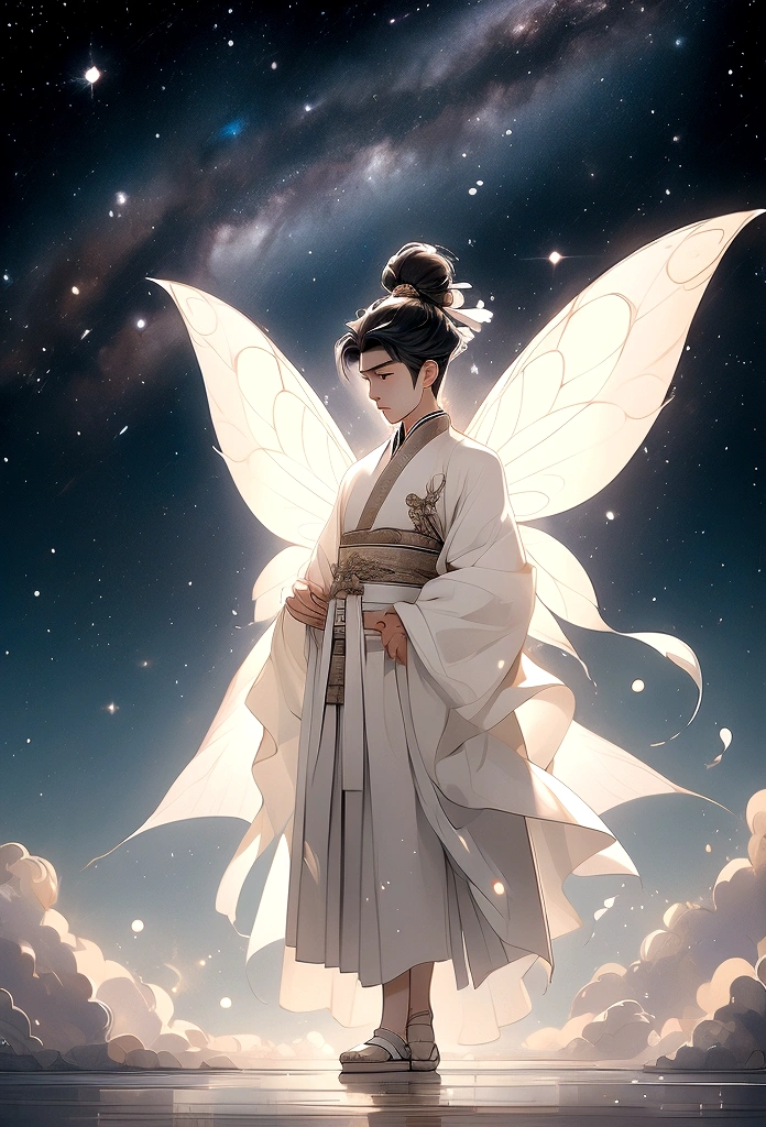 傑作, 最好的品質: 1.4)， 詳細背景，中國古代美麗的男仙、一名男性、後視圖、站立姿勢、雲在你腳下、流光，紗布，飄然，仰角視角，銀河系真是奇妙，滿月是空的，