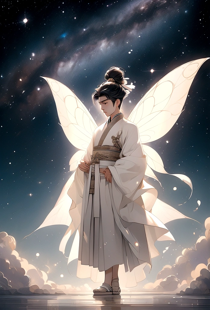 masterpiece, Highest quality: 1.4)， Detailed Background，Beautiful male fairy of ancient China、One male、Back view、Standing posture、Clouds at your feet、streamer，Gauze cloth，Floating in the air，Elevation angle of view，The Milky Way is amazing，The full moon is empty，