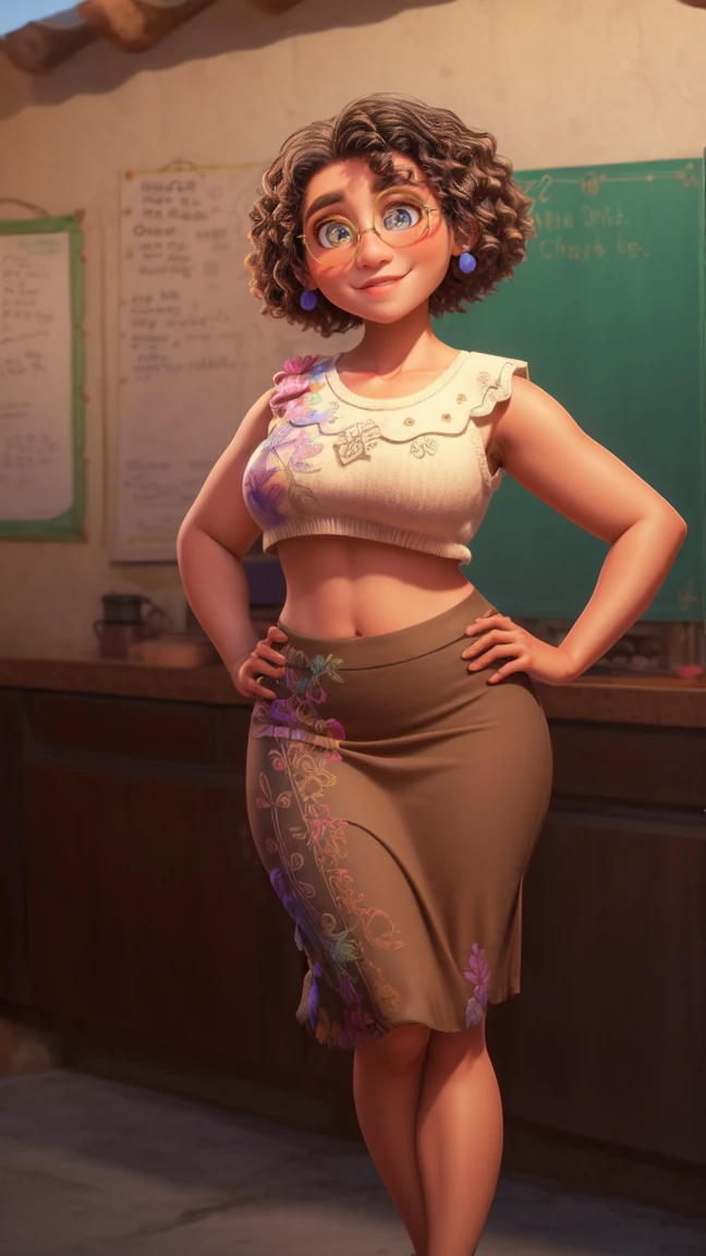 mirabel madrigal,  glasses, smile, ((sleeveless sweater)), market background, (((pencil skirt))), (((brown skin))), detailed skin, perfect legs, perfect thighs, (((curvy body))), BIG BREASTS, INVITING TO SEX, very curvy, large hips