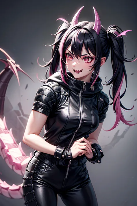 half dragon female with grey skin, with black hair pigtails style, with pink streaks, sharp teeth, biker outfit, dragon tail and...