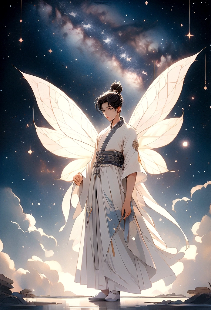杰作, 最好的质量: 1.4)， 详细背景，中国古代美丽的男仙女、一名男性、后视图、优美的站姿、脚下的云朵、飘带，纱布，飘然，仰角，银河真是奇妙，满月是空的，