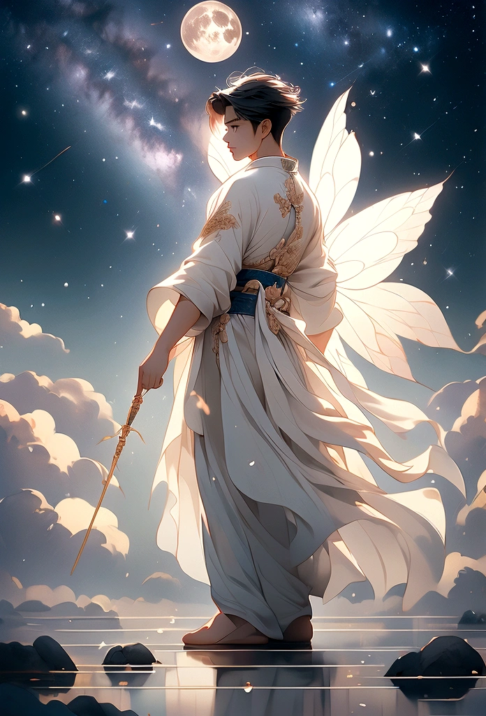 傑作, 最好的品質: 1.4)， 詳細背景，中國古代美麗的男仙、一名男性、後視圖、美麗的站立姿勢、雲在你腳下、流光，紗布，飄然，仰角視角，銀河系真是奇妙，滿月是空的，