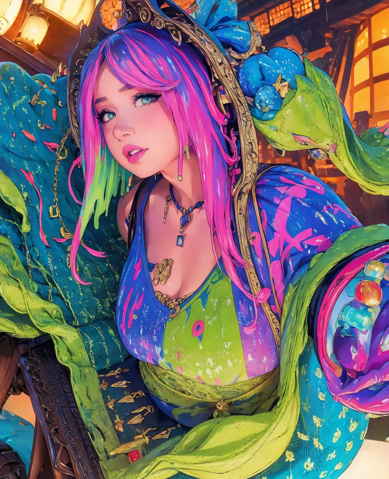 a cute girl, slime girl, pokimane, beautiful detailed eyes, beautiful detailed lips, extremely detailed face and features, long eyelashes, detailed slime texture, slime tentacles, glowing slime, vibrant colors, diffuse lighting, fantasy, digital art, concept art, highly detailed, 8k, photorealistic, masterpiece, cinematic lighting, dramatic lighting, volumetric lighting, intricate details