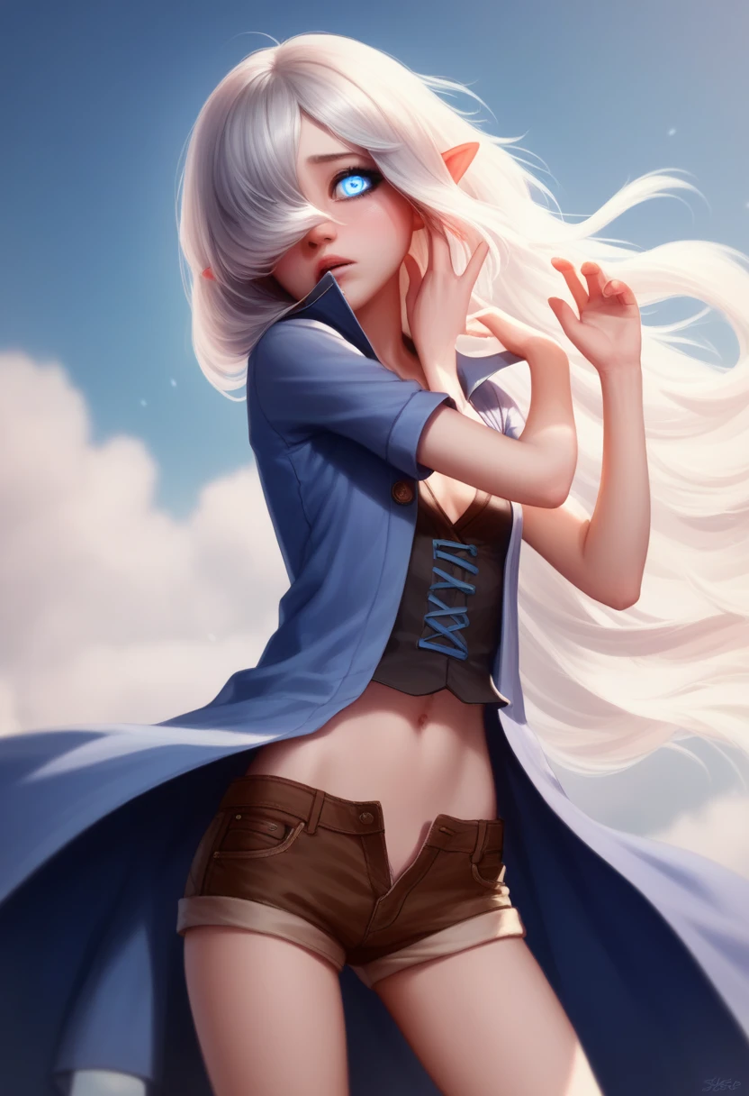 Girl, halfling girl, halfling, pale skin, short, short stature, very long hair, silver hair, straight hair that curls at the end, small breasts, pouty lips, masterpiece, best quality, dynamic pose, 8k, hair covering one eye, anime eyes, bright eyes, detailed eyes, big round eyes, blue eyes, realistic eyes, wind, windy, cute, sailer outfit, pirate outfit, short shorts, eyeliner, shy personality, detailed outfit, cold outside