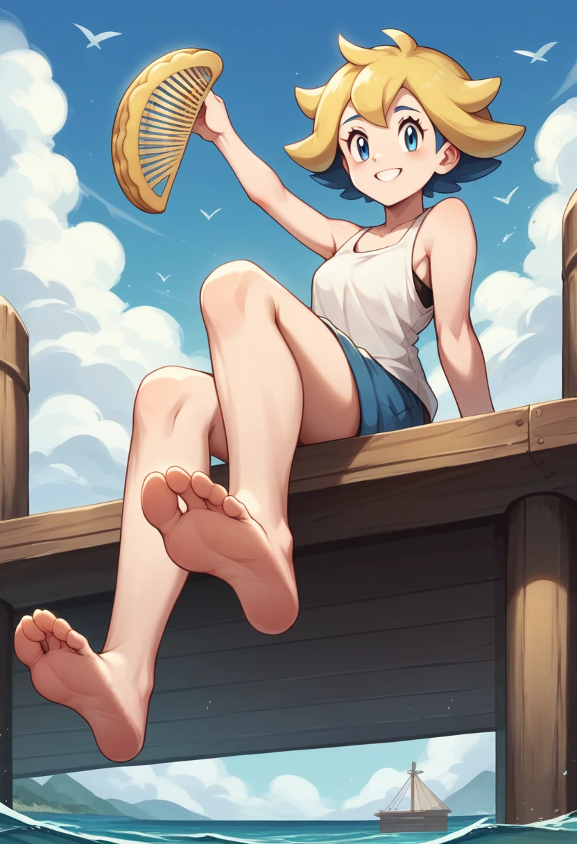 Masterpiece, Best Quality, high resolution, pier and sea in the background, a woman, alone, Blue eyes, short hair, blue fur, blue bangs,funny look, sitting on the dock, smiling, (pokemon), (golden comb in hair), the White shirt, bare shoulders, bare legs, stretched and separated, barefoot, hanging suns , head on, (soles), (View from below) pies head on