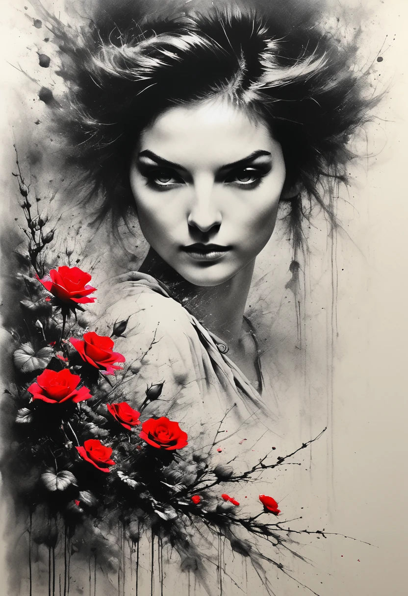 Charcoal drawing, pencil drawing, line drawing, graphite drawing, toned paper, masterpiece, bicolor, ink splatter, samirai girl, sakura rose\(flower\), red blood, Japanese ink, splash, intricate details, volumetric lighting, cinematic, detailed, realistic. Art by Antonio Mora, Andre Cohn, Arthur Bordalo, Bob Ringwood, Benedict Ban,