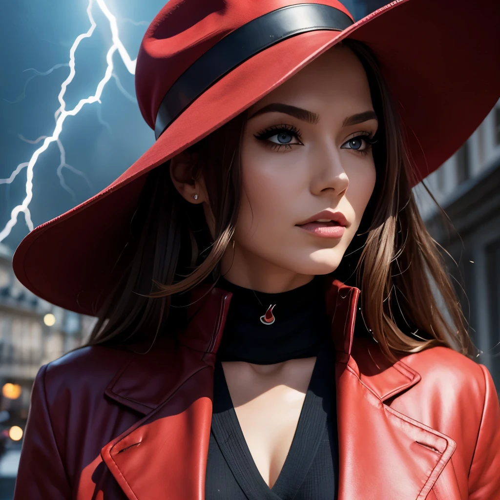 (realistic:0.2), anime illustration, 1girl,, red coat, big red hat, in paris france, sfw, black pants, black office shirt,, carmen sandiego,, blue sky,, long hair,, dramatic lightning, lights, epic lights, light on face, backlit, face light, lit face, fill lamp, fill light, ((masterpiece)),   (carmen_sandiego_v1-1_shurik-2000:0.6)