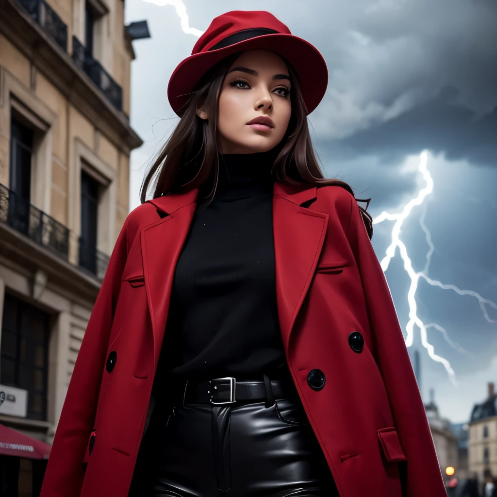 (realistic:0.2), anime illustration, 1girl,, red coat, big red hat, in paris france, sfw, black pants, black office shirt,, carmen sandiego,, blue sky,, long hair,, dramatic lightning, lights, epic lights, light on face, backlit, face light, lit face, fill lamp, fill light, ((masterpiece)),   (carmen_sandiego_v1-1_shurik-2000:0.6)