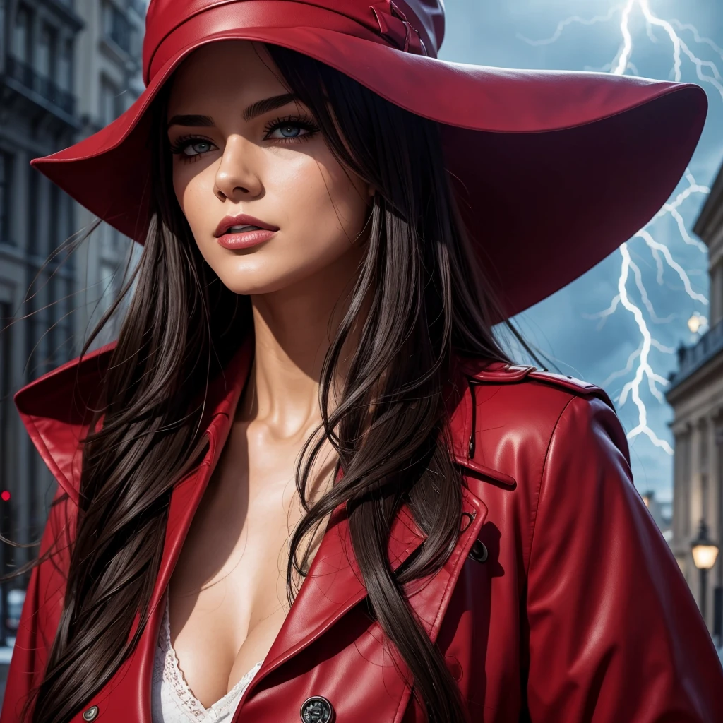 (realistic:0.2), anime illustration, 1girl,, red coat, big red hat, in paris france, sfw, black pants, black office shirt,, carmen sandiego,, blue sky,, long hair,, dramatic lightning, lights, epic lights, light on face, backlit, face light, lit face, fill lamp, fill light, ((masterpiece)),   (carmen_sandiego_v1-1_shurik-2000:0.6)