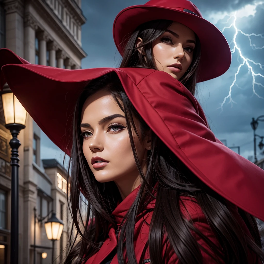 (realistic:0.2), anime illustration, 1girl,, red coat, big red hat, in paris france, sfw, black pants, black office shirt,, carmen sandiego,, blue sky,, long hair,, dramatic lightning, lights, epic lights, light on face, backlit, face light, lit face, fill lamp, fill light, ((masterpiece)),   (carmen_sandiego_v1-1_shurik-2000:0.6)