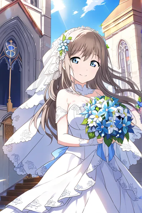 sakurazaka shizuku　brown hair　long hair　light blue eyes　whole body　white wedding dress　high quality　light blue flower bouquet　sm...