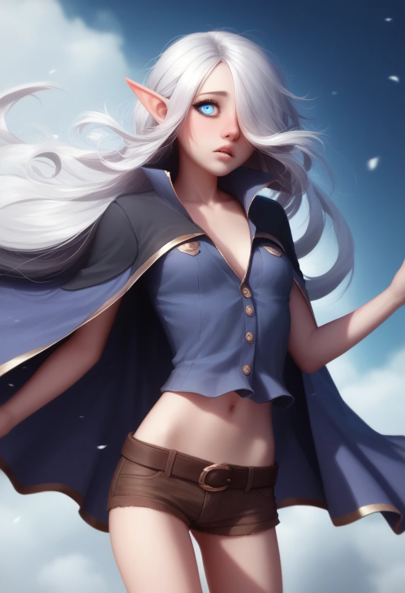 Girl, halfling girl, halfling, pale skin, short, short stature, very long hair, silver hair, straight hair that curls at the end, small breasts, pouty lips, masterpiece, best quality, dynamic pose, 8k, hair covering one eye, anime eyes, bright eyes, detailed eyes, big round eyes, blue eyes, realistic eyes, wind, windy, cute, sailer outfit, pirate outfit, short shorts, eyeliner, shy personality, detailed outfit, cold outside,wearing lots of belts, wind magic, cut outfit