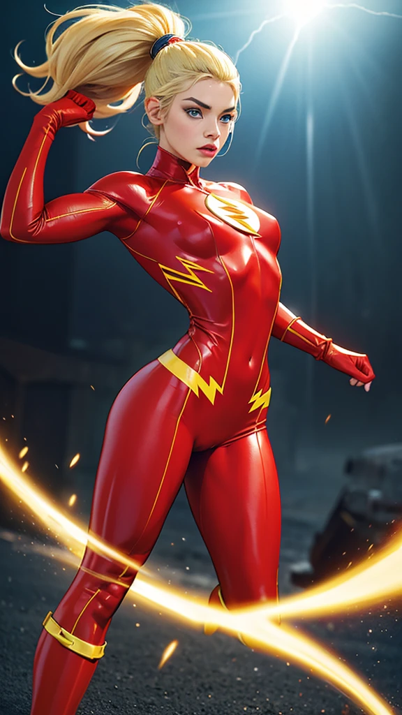 Flash versión mujer, sexy woman,DC comics,small, half naked, classic costume with flash mask, custom colors red and yellow, YOUNG, super skynny body, small and beautiful buttocks, toned abdomen, small and beautiful breasts, gloves, Boots, pose sexy, obscene, powerful, super sensual, partículas de rayos, rayos a su alrededor,  electricidad, partículas de poder, velocidad, Dramatic background, Metrópolis, esta corriendo a maxima velocidad, viajando en el tiempo Apocalyptic atmosphere, sensual look, beautiful blue eyes, classic hairstyle,Hair dyed in bright blonde color, best quality,4k,8k,A high resolution,masterpiece,ultra detailed,Realistic, Photorealistic,photo realistic