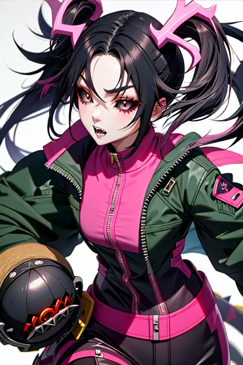 half dragon female with grey skin, with black hair pigtails style, with pink streaks, sharp teeth, biker outfit, dragon tail and...