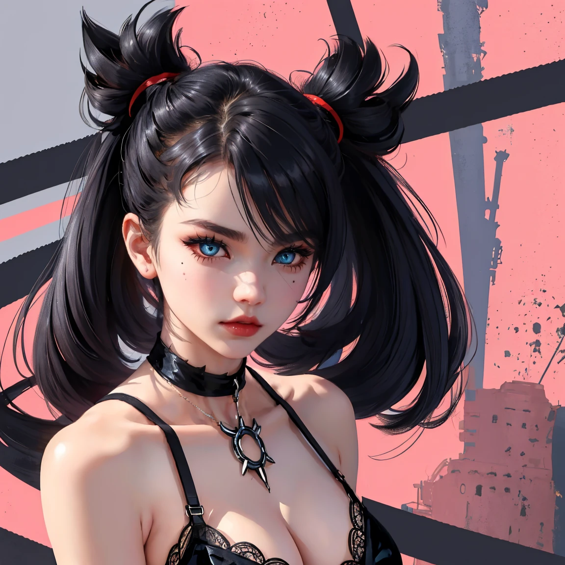 close up of face, frontal, Marnie (pokemon), punk, sucubbus, beautiful eyes, aqua eyes, choker, red ribbon, Side bangs, black hair, Voluminous hair, much hair, pink lingerie, big breasts, (beautiful detailed face, beautiful detailed eyes), High contrast, (best illumination, an extremely delicate and beautiful), ((caustic, sexy, charming, seductive)), british woman, arms down, Adult, 26 years, russian woman, adult woman, London background, breast focus, breasts, nipples.