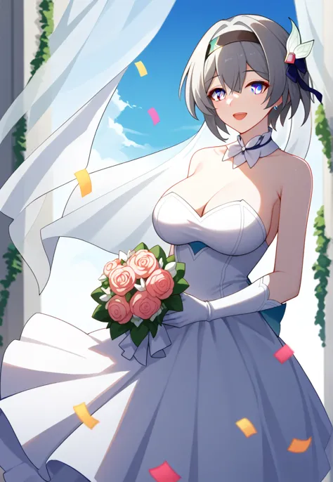 score_9, score_8_superior, score_7_superior, wedding dress, white gloves, white dress, garden, are standing, cowboy shot, holdin...