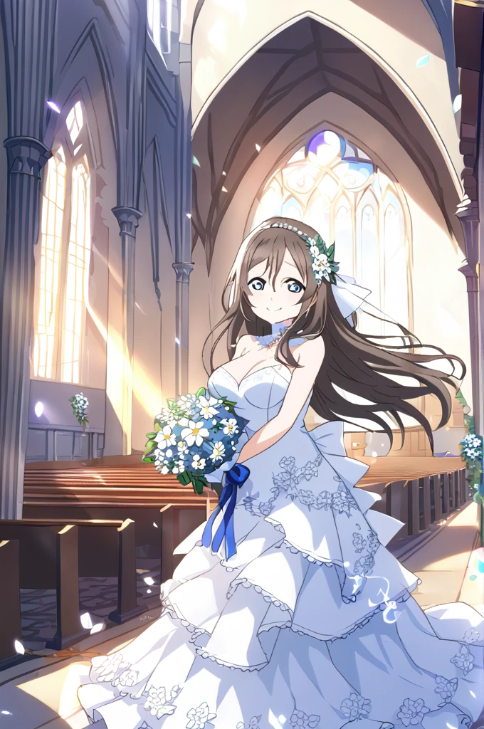 Sakurazaka Shizuku　Dark brown hair　Long Hair　Light blue eyes　whole body　White Wedding Dress　High quality　Light blue flower bouquet　smile　Light blue flower decoration　Large breasts　Light blue floral hair ornament　Outside the church　Sunny sky　Shining