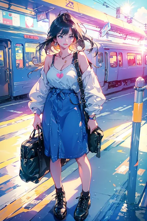 1girl,solo,cool,bigbreast,cleavage,train platform,morning,sunshine,she has a guitar case,casual clothes,