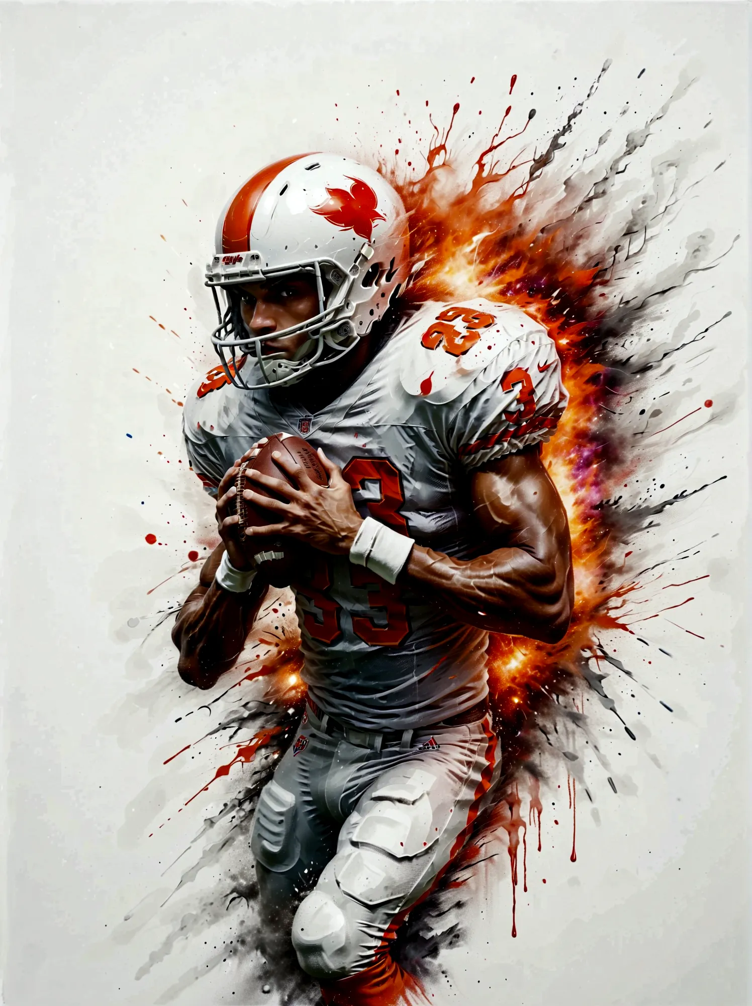 imagine an intense and dynamic illustration of an american football player, defined by a caucasian descent, who seems to be expl...