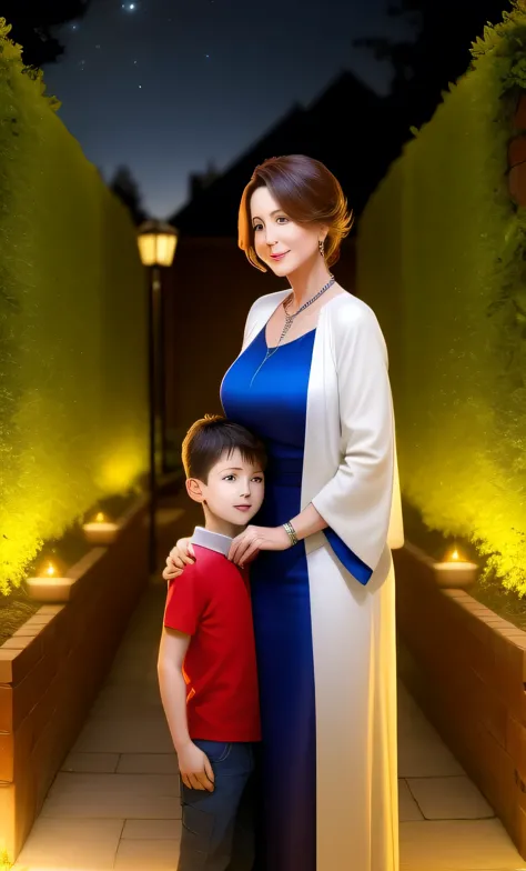 masterpiecebest quality，(There are only two people:1.3)，Absolutely beautiful mature woman and one (Very little:1.2) Boy, hugging...