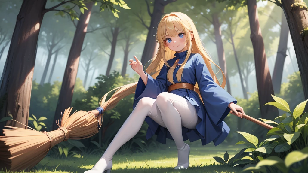 Perfect Biology、masterpiece, taller than,Very detailed, Absurd, witch, 8-year-old, girl,  alone, Blonde, Long Hair,  blue eyes, Blue Boots, Long sleeve,Have,in the forest, smile,White Pantyhose, Fly through the sky on a broom