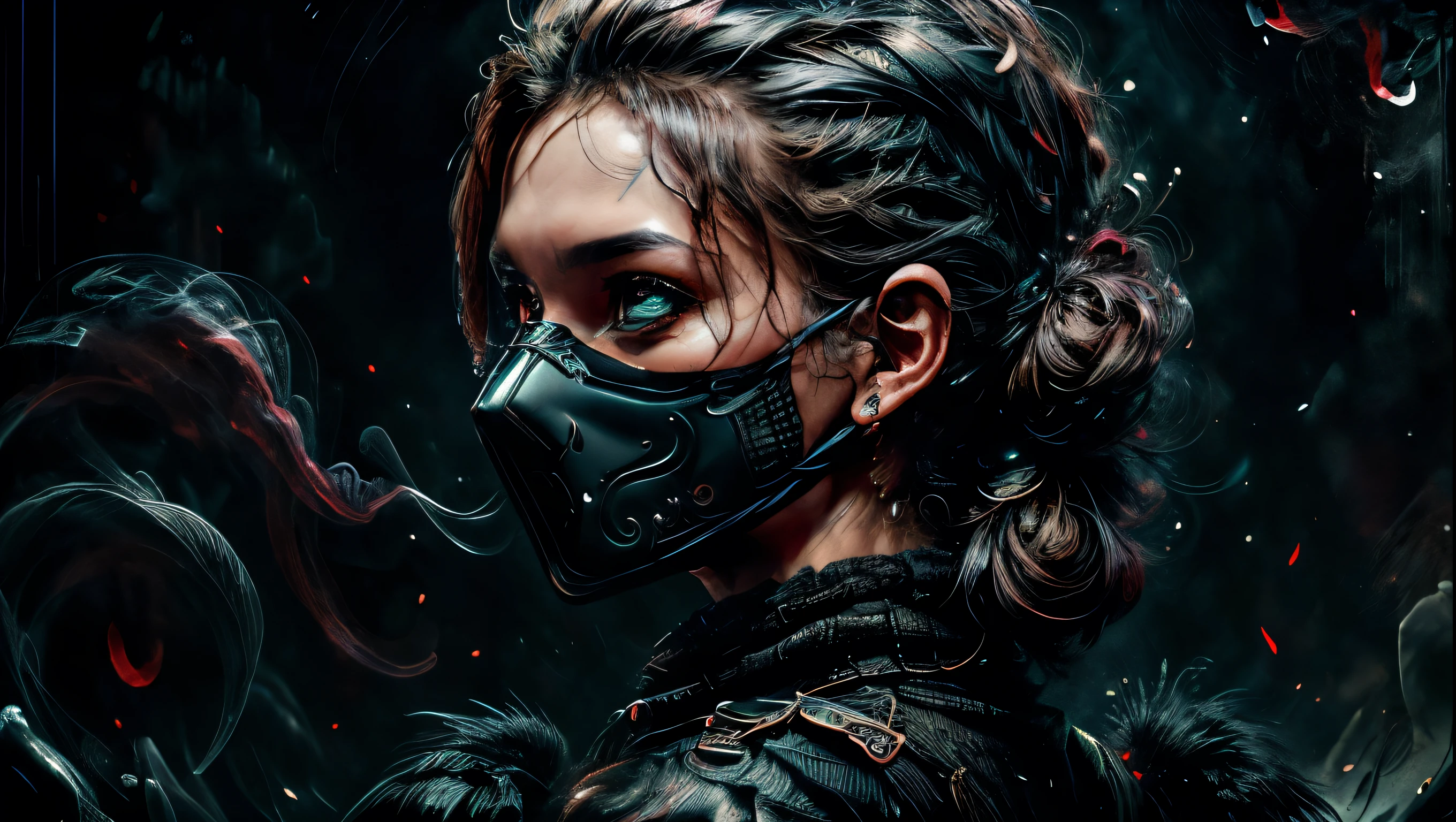 a woman with purple black smoke coming out of her eyes and mouth, dark background, cinematic lighting, dark fantasy, ethereal, dramatic, high contrast, moody, intense, mysterious, supernatural, surreal, (best quality,4k,8k,highres,masterpiece:1.2),ultra-detailed,(realistic,photorealistic,photo-realistic:1.37),digital art, dark art, concept art, dark fantasy art, dark portrait, dark fantasy portrait, ((wearing a black mask))