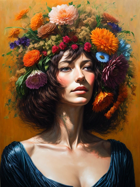 Lady with flowers on her head - acrylic painting., in the style of Lucy Glendinning, Tony Dieterlitzi, organic and naturalistic compositions, flower explosions, observation peak, light orange and brown, serene faces --ar 3:4 -