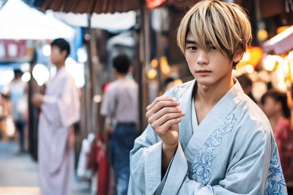 Garoto em pé、1 pessoa、Yukata、macho、Corte de cabelo loiro、Festival de verão、Tenha um fã