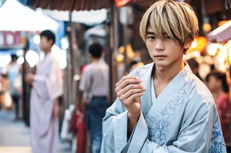 standing boy、1 person、yukata、male、blonde hair cut、summer festival、have a fan