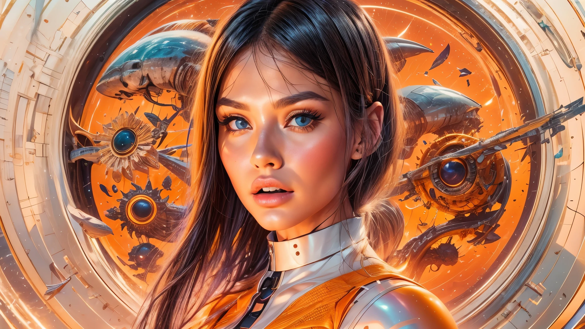 arafed image of a white woman in a futuristic suit with a spaceship in the background, movie art, in front of an orange background, inspired by Robert McGinnis, female protagonist, megastructure in the background, portrait of an ai astronaut, astronauts, an astronaut, portrait of a astronaut skeletor, perfect android girl, Highly Detailed Face and Skin Texture, Detailed Eyes, Double eyelids, perfectly detailed teeth, frank franzzeta and sakimichan  