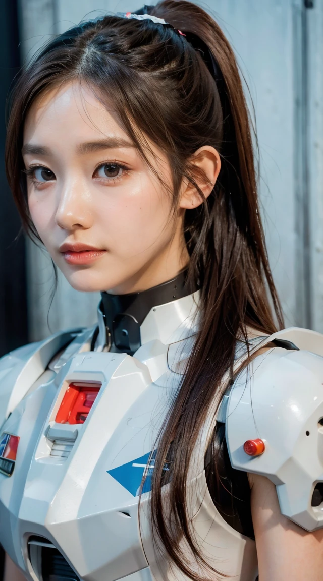 Beautiful young girl, ponytail hair, brown hair, beautiful eyes, beautiful face, raw photo, 8k, high detailed, (gundam), pale lips, white skin, textured skin, (beautiful cyborg woman), (pretty girl), mecha cyborg girl battle mode, girl with a mecha body, she wears a futuristic gundam mecha, full body shot