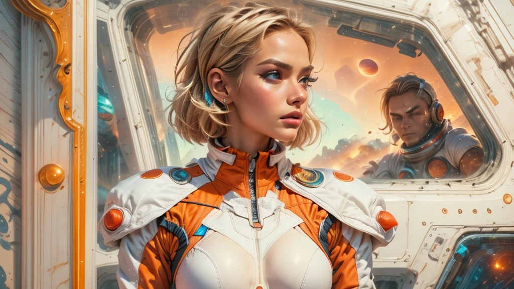 arafed image of a white woman in a futuristic suit with a spaceship in the background, movie art, in front of an orange background, inspired by Robert McGinnis, female protagonist, megastructure in the background, portrait of an ai astronaut, astronauts, an astronaut, portrait of a astronaut skeletor, perfect android girl, Highly Detailed Face and Skin Texture, Detailed Eyes, Double eyelids, perfectly detailed teeth, frank franzzeta and sakimichan  