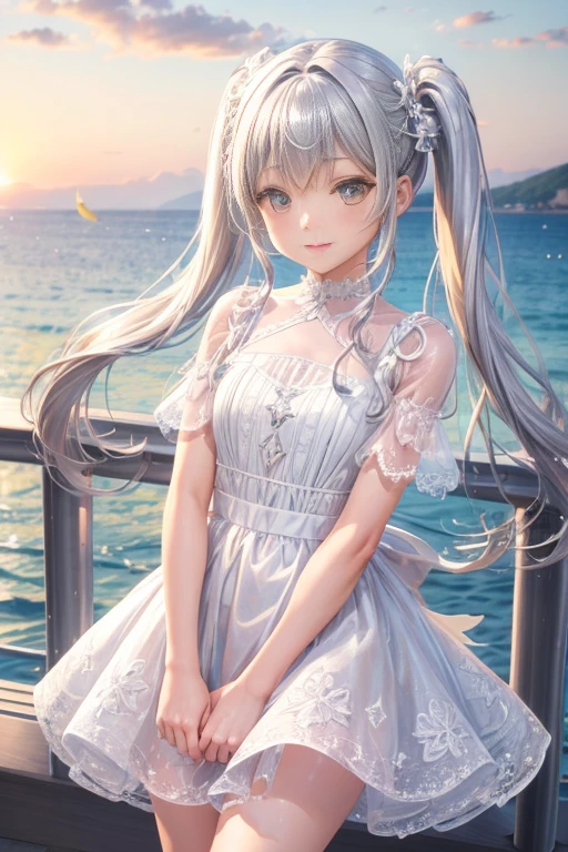 girl　long silver twintails　Cute detailed face shiny smile　Lemon  yellow detailed lace Short dress　Seaside in summer  Skirts that flip in the wind　on Yatch