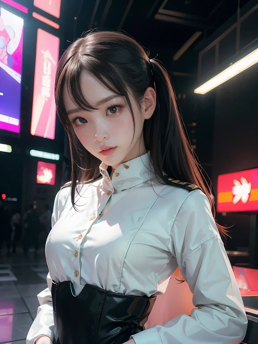 (1girl:1.3), solo, __body parts__ delicate and realistic skin, pale skin, big, official art, unified 16k wallpaper, ultra detail, beauty and aesthetics, beauty, masterpiece, best quality, in cyberpunk city, fantastic atmosphere, calm color palette, peaceful mood, soft shadows, flight attendant uniform, glamour