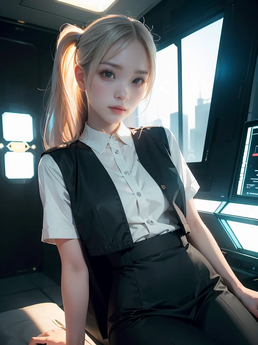 (1girl:1.3), solo, __body parts__ delicate and realistic skin, pale skin, big, official art, unified 16k wallpaper, ultra detail, beauty and aesthetics, beauty, masterpiece, best quality, in cyberpunk city, fantastic atmosphere, calm color palette, peaceful mood, soft shadows, flight attendant uniform, glamour