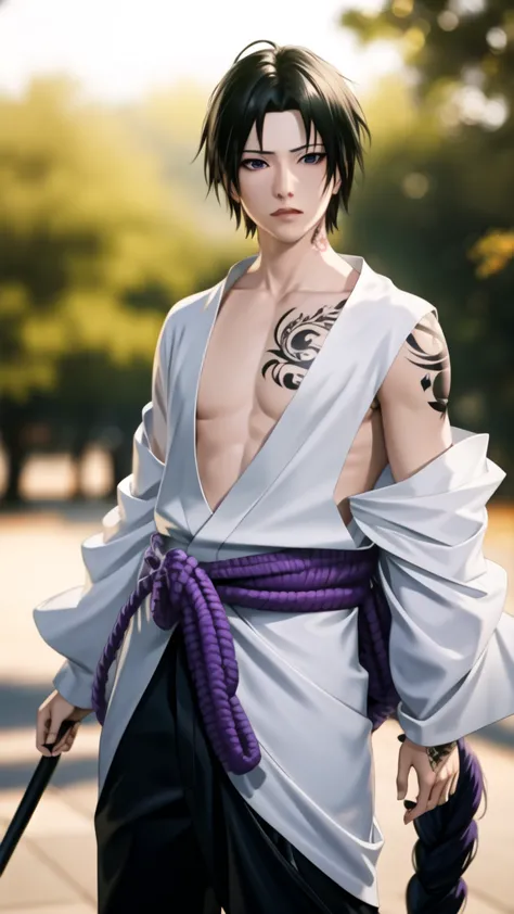 1boy, Sasuke, a man with a sword in his hand, purple skirt, wearing SSK_outfit, posing for a picture, left shoulder exposed, abs...
