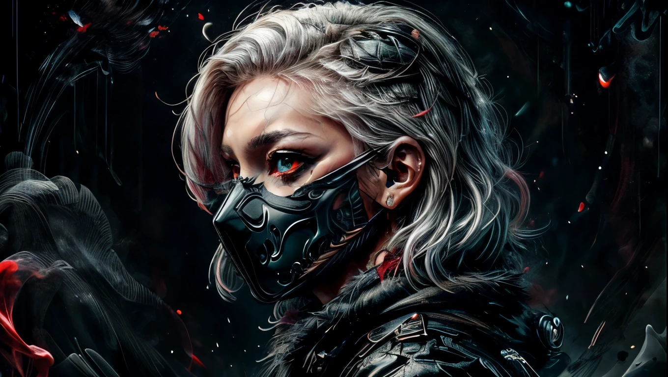 a woman with purple black smoke coming out of her eyes and mouth, dark background, cinematic lighting, dark fantasy, ethereal, dramatic, high contrast, moody, intense, mysterious, supernatural, surreal, (best quality,4k,8k,highres,masterpiece:1.2),ultra-detailed,(realistic,photorealistic,photo-realistic:1.37),digital art, dark art, concept art, dark fantasy art, dark portrait, dark fantasy portrait, ((wearing a black mask)), ((red eyes)), ((white hair))